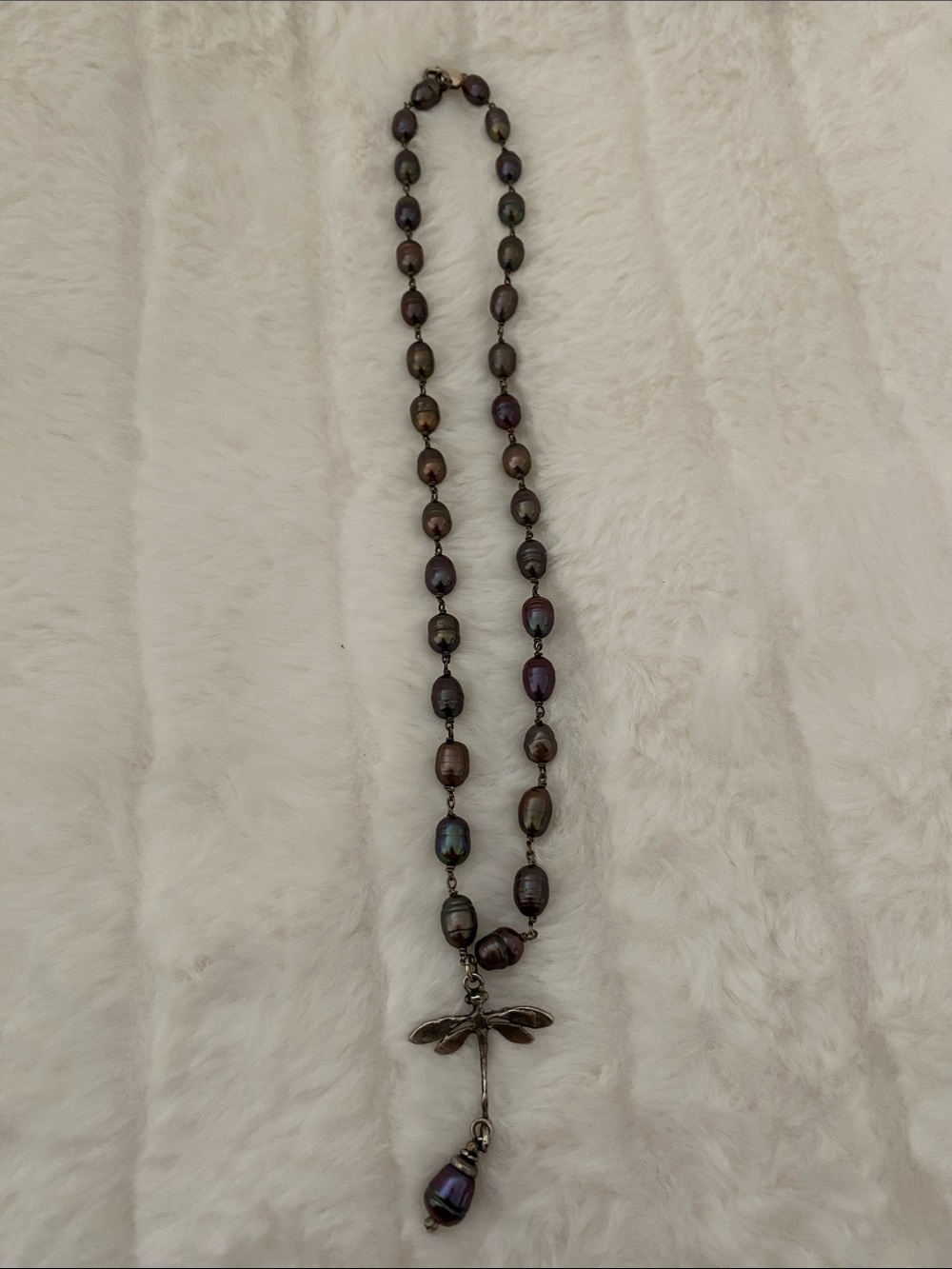 Iridescent Black Pearl Necklace with 925 Silver Dragonfly Pendant